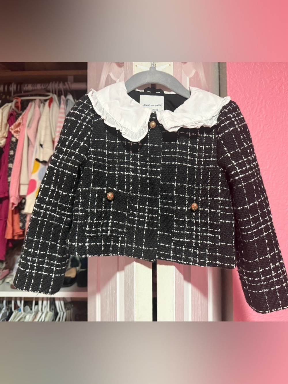 Janie and Jack Black & White Tweed Jacket with Ruffle Collar